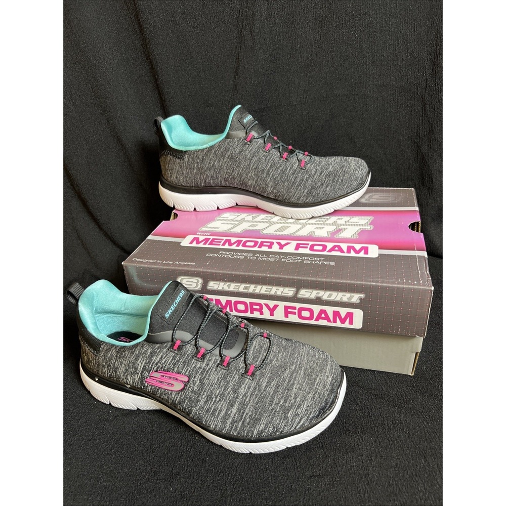 Skechers Summits Quick Getaway Black Teal Women's 6.5 Memory Foam Walking Shoes